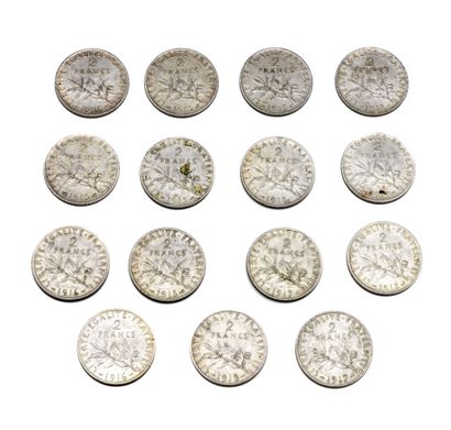 FRANCE 
Lot de 15 pièces de 2 Francs Semeuse...