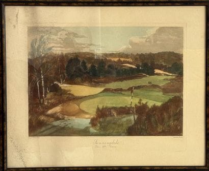 Golf-themed aquatint engraving, 