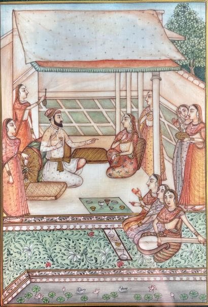 Two framed Indian miniatures depicting court...