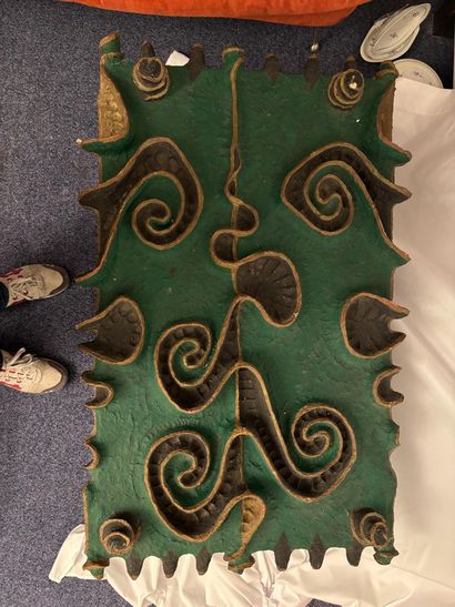 Papier-mâché table, marked Santiago and dated....