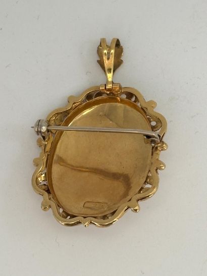 Brooch-mounted oval pendant in 750 thousandths...