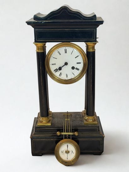 19th century portico clock in blackened wood...