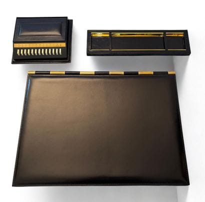 GEF PARIS. Leather desk set including blotter,...