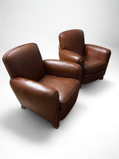 Pair of club armchairs in Havana leather...