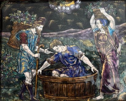 Polychrome painted enamel plaque with gold...