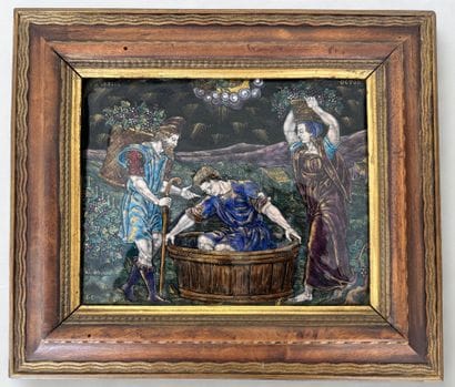 Polychrome painted enamel plaque with gold...