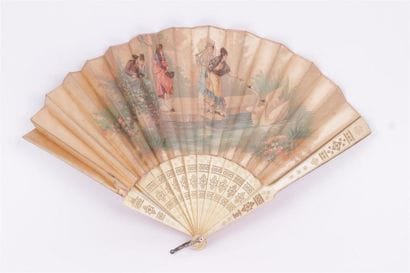 EVENTAIL à décor d'une feuille peinte avec...