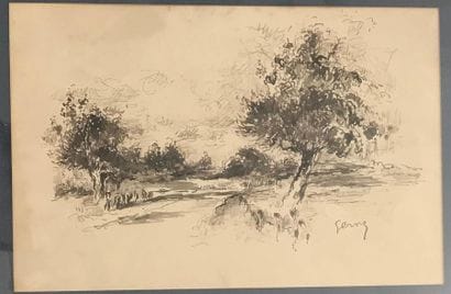 ECOLE MODERNE 
Paysage à l'arbre 
Encre signée...