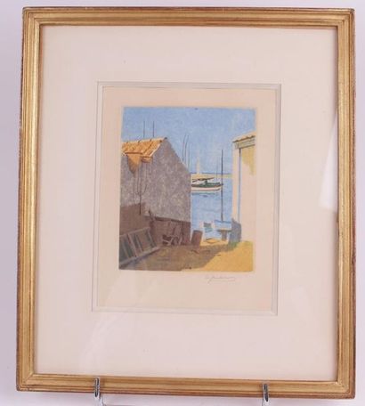 Eugène CORNEAU 
Vue d'un village en bord...
