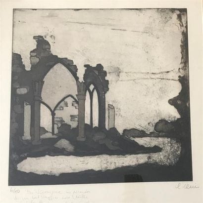 ECOLE MODERNE 
Composition aux ruines 
Estampe...