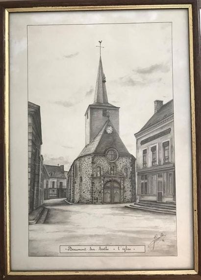 Vue de l'Eglise de Beaumont sur Sarthe 
Reproduction...
