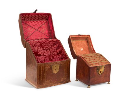 Two brown morocco letter and cutlery cases...