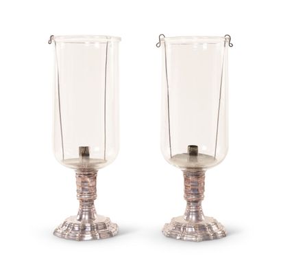 Pair of silvered bronze and glass candle...