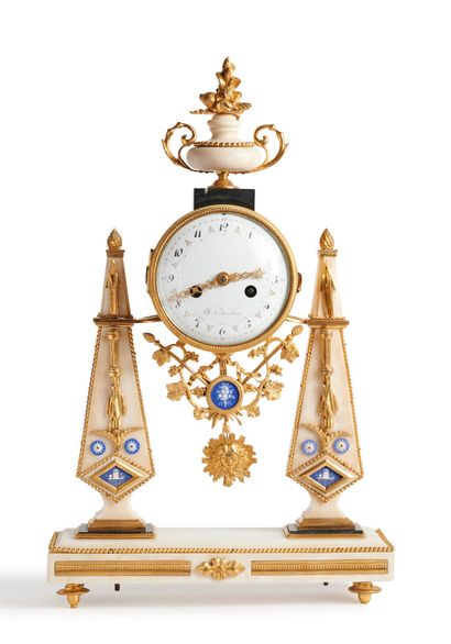 Portico-shaped clock in white marble and...
