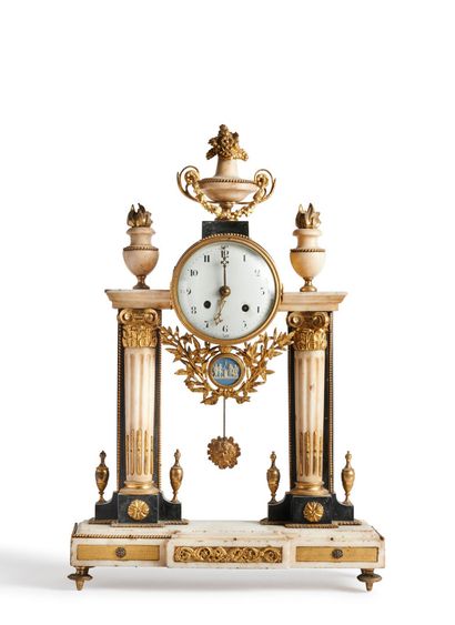 Portico-shaped clock in marble, white, black...