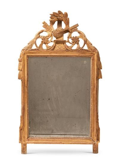 Gilded wood mirror, the pediment openwork...