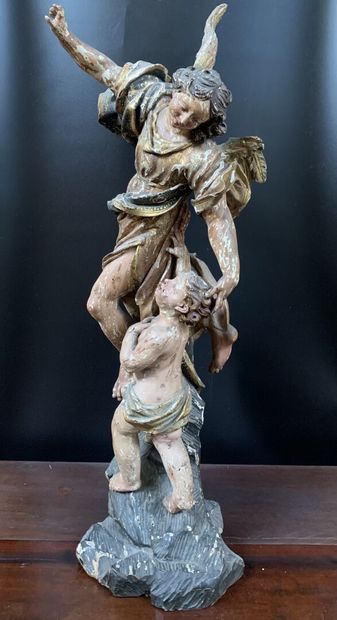 Groupe en bois sculpté polychrome et doré...