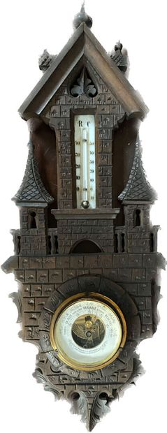 Baromètre-Thermomètre en bois sculpté dans...