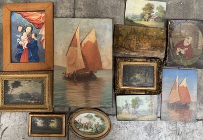 Lot d'huiles, gouaches et aquarelles représentant...