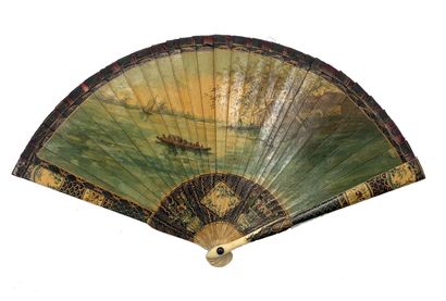 Varnish fan decorated with a seaside scene...