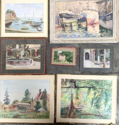 Lot d'aquarelles, dessins et reproductions...