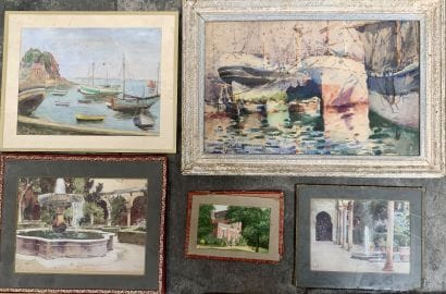 Lot d'aquarelles, dessins et reproductions...
