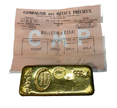 One gold ingot, gross weight 1000.1 g, fine...