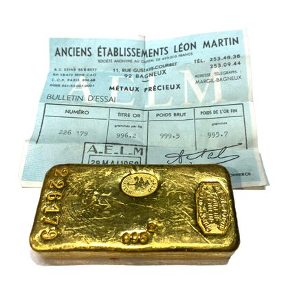 One gold ingot, gross weight 999.5 g, fine...