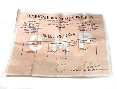 One gold ingot, gross weight 1000 g, fine...