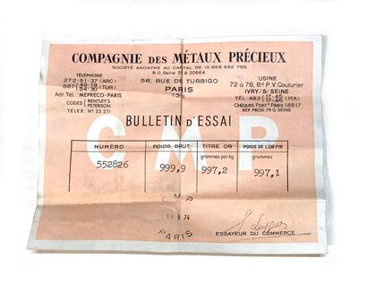One gold ingot, gross weight 999.9 g, fine...