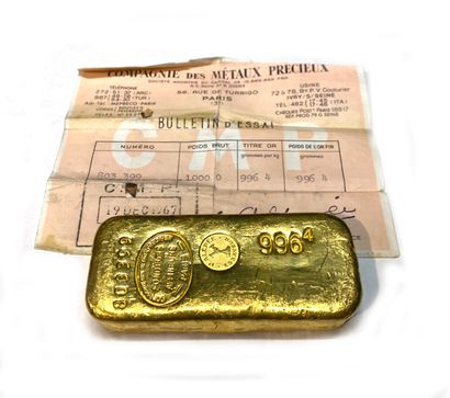 One gold ingot, gross weight 1000 g, fine...