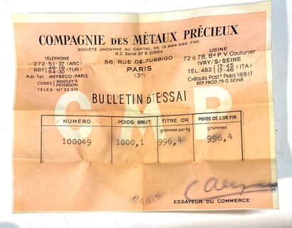One gold ingot, gross weight 1000.1 g, fine...