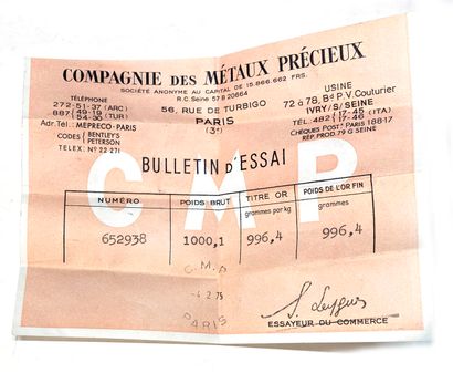 One gold ingot, gross weight 1000.1 g, fine...