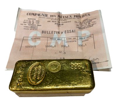 One gold ingot, gross weight 1000 g, fine...