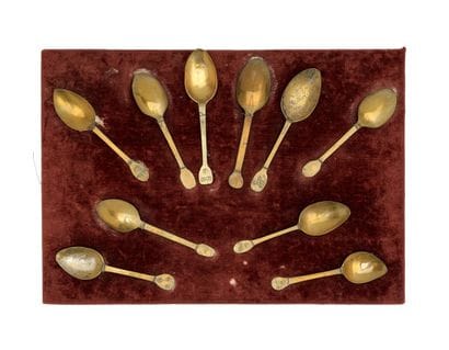 GROUP of ten copper alloy bouille spoons,...