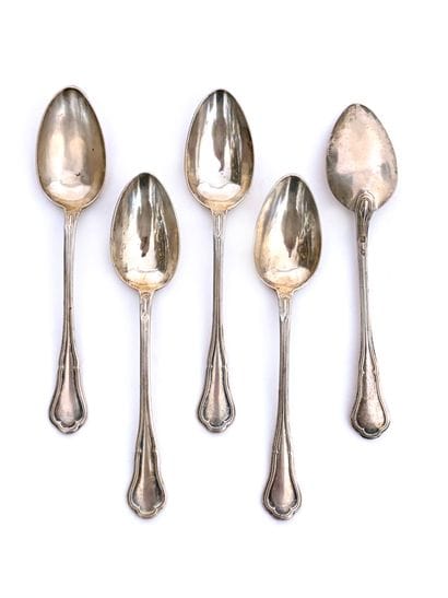 FIVE 925-thousandths silver coffee spoons,...