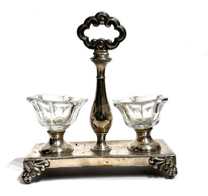 Silver-plated metal and glass double SALIERE,...