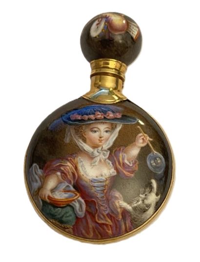 Salt flask enameled in polychrome with young...