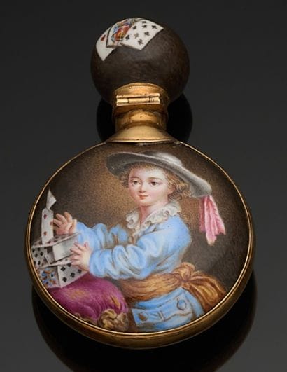 Salt flask enameled in polychrome with young...