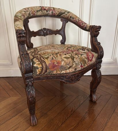 Carved wood armchair, openwork back, armrests...