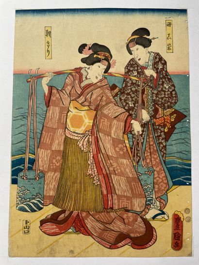 Ensemble de cinq estampes, oban tate-e, parties...