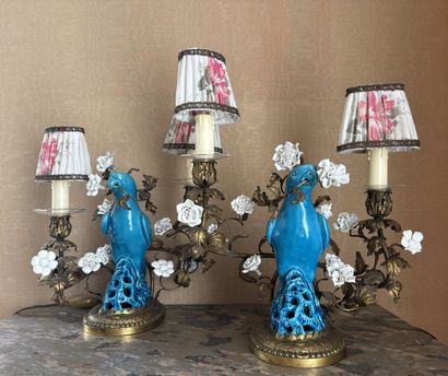 PAIR OF CANDELABRES in enameled porcelain...