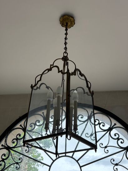 CAGE LANTERN in bronze and glass, with four...