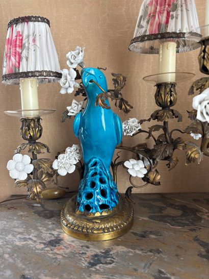 PAIR OF CANDELABRES in enameled porcelain...