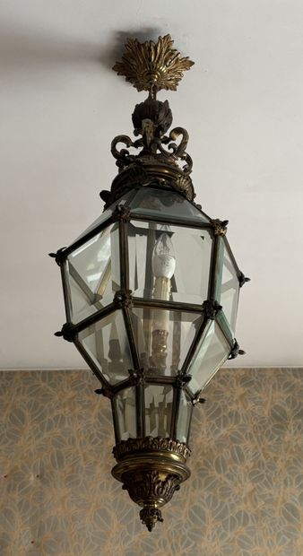 Hexagonal lantern in gilt bronze and beveled...