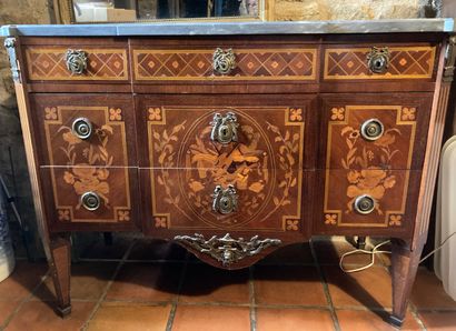WOODEN VENEER COMMODE with inlaid music trophy...