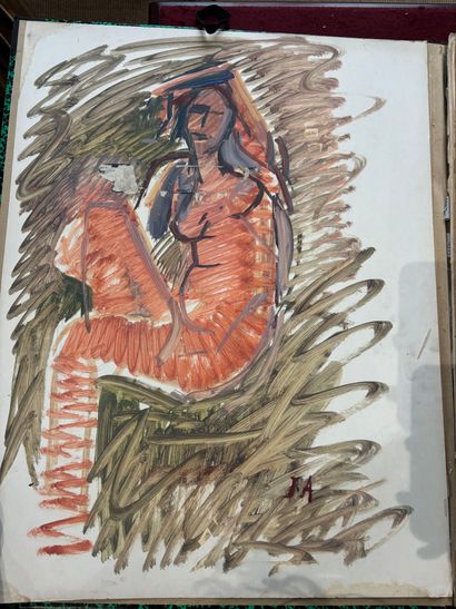 POCHETTE A DESSINS comprenant, gouaches sur...