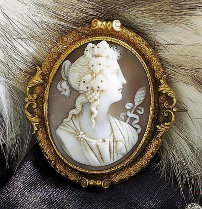 BROCHE camée coquille figurant une femme...