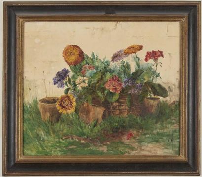 V HENRY
Panier de fleurs devant un mur Aquarelle...