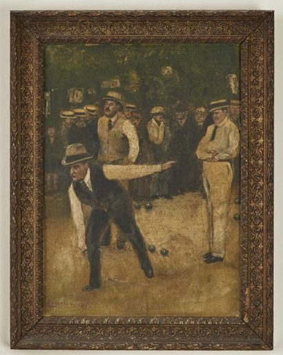 Les joueurs de pétanque. Huile sur panneau,...